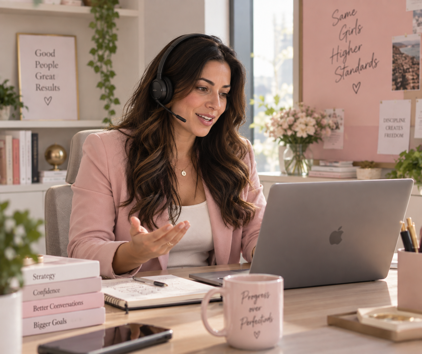 A woman in sales, confident and in charge on a call
